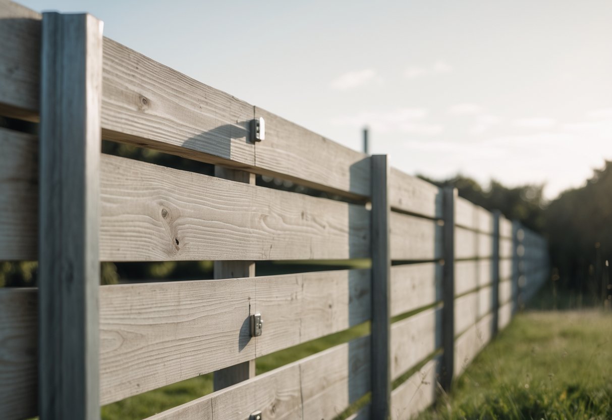 A modern farmhouse fence made of horizontal wood planks and metal posts with tools and hands resting nearby under soft daylight.
