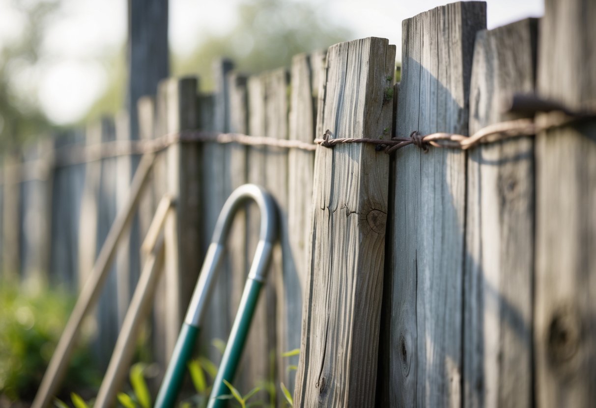 A weathered reclaimed wood fence with gardening tools leaning against it and hands resting on the wood, bathed in soft daylight.