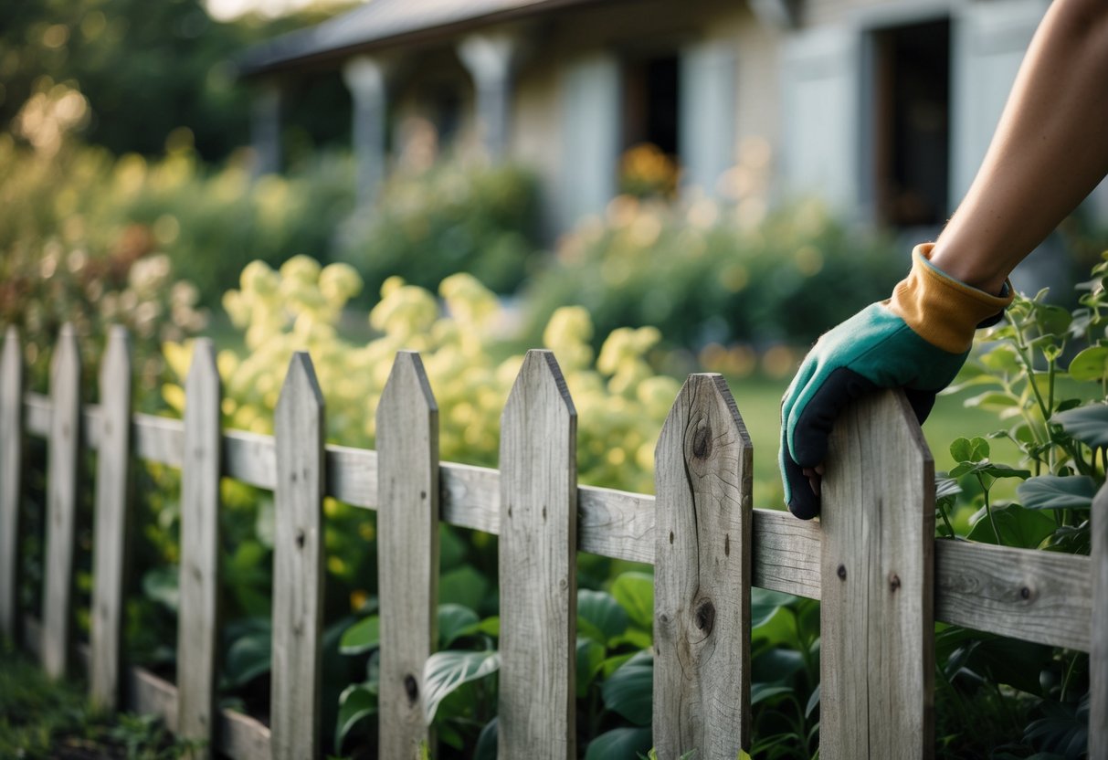 A low picket fence marking the edge of a garden with gardening gloves and a hand resting on a fence post, surrounded by plants and a farmhouse in the background.