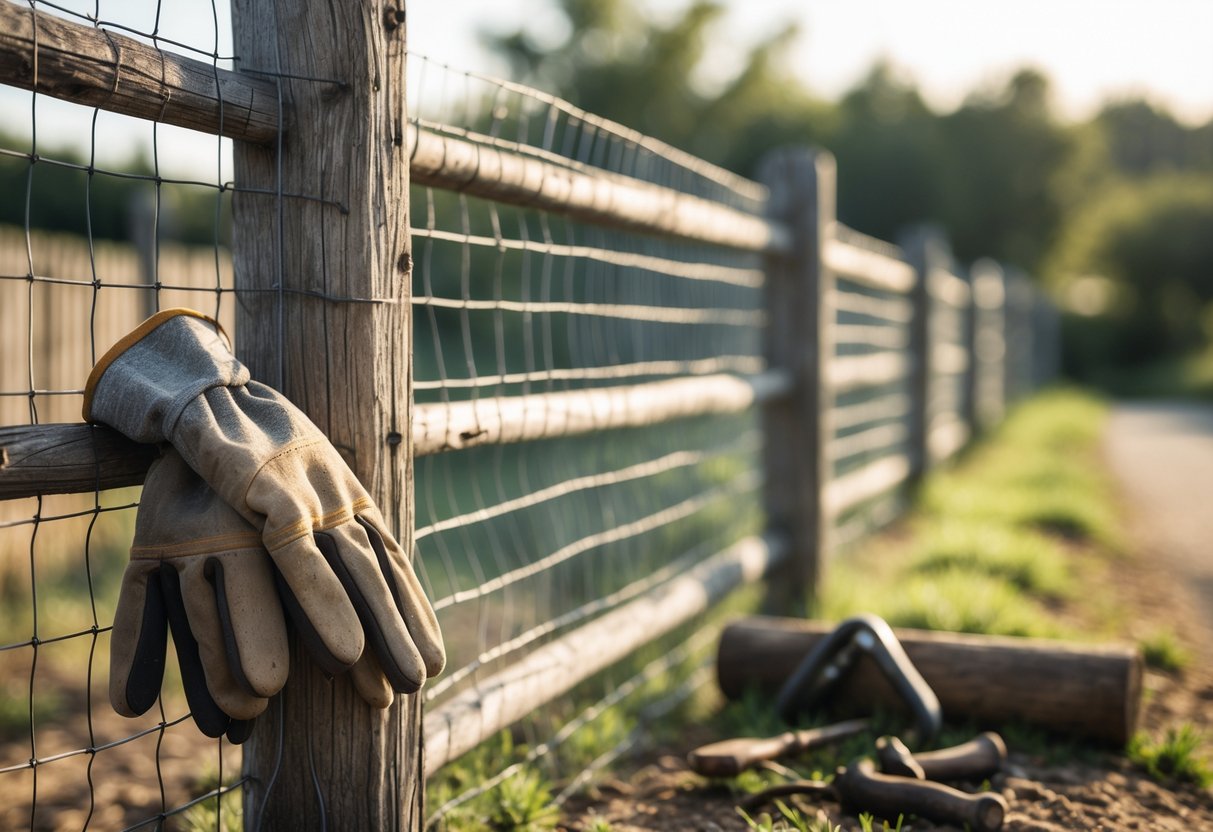 A rustic wooden and wire mesh fence with a hand holding the fence and work gloves resting on a post outdoors.