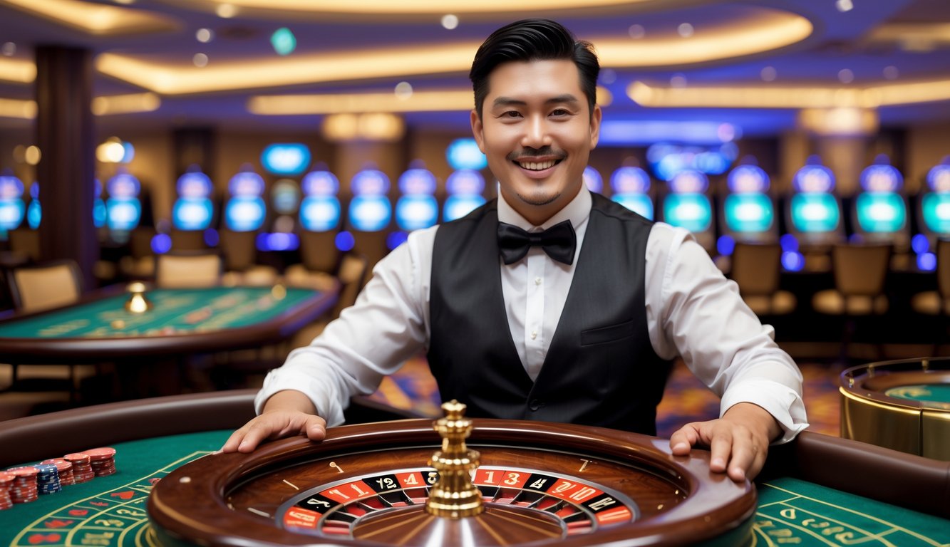 Seorang dealer roulette profesional berdiri di belakang meja roulette dengan roda roulette yang sedang berputar di kasino.