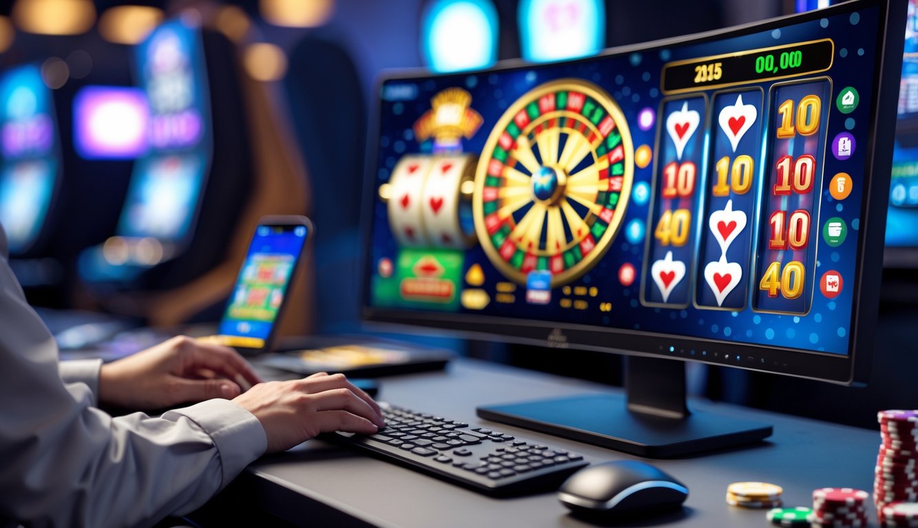 Seseorang bermain game kasino online di depan komputer dengan layar menampilkan permainan kasino seperti kartu poker dan roda roulette.