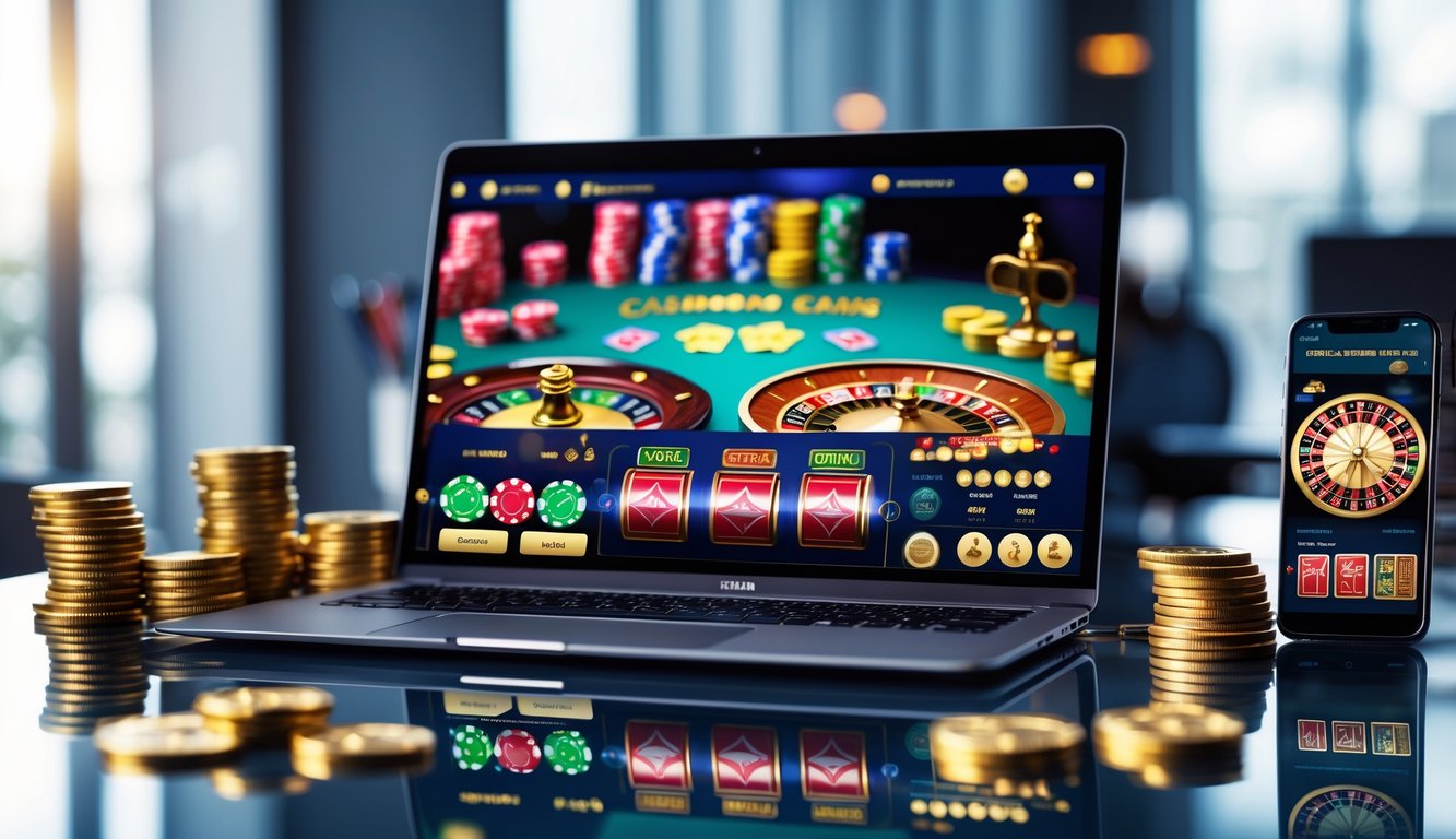 Seorang pemain menggunakan komputer dengan tampilan permainan kasino online yang menampilkan kartu remi, chip poker, dan roda roulette.