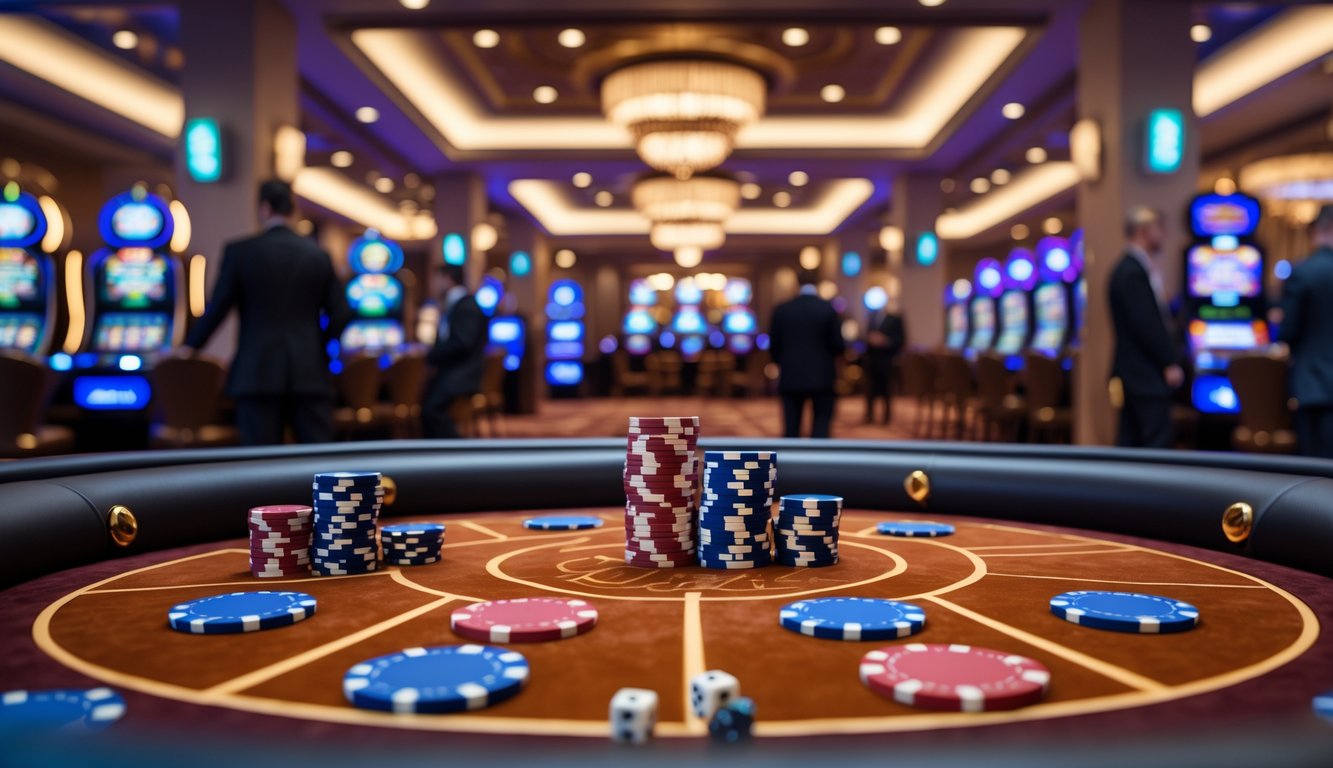 Suasana kasino modern dengan meja permainan, chip poker, kartu remi, dan dadu, serta orang-orang bermain di latar belakang.