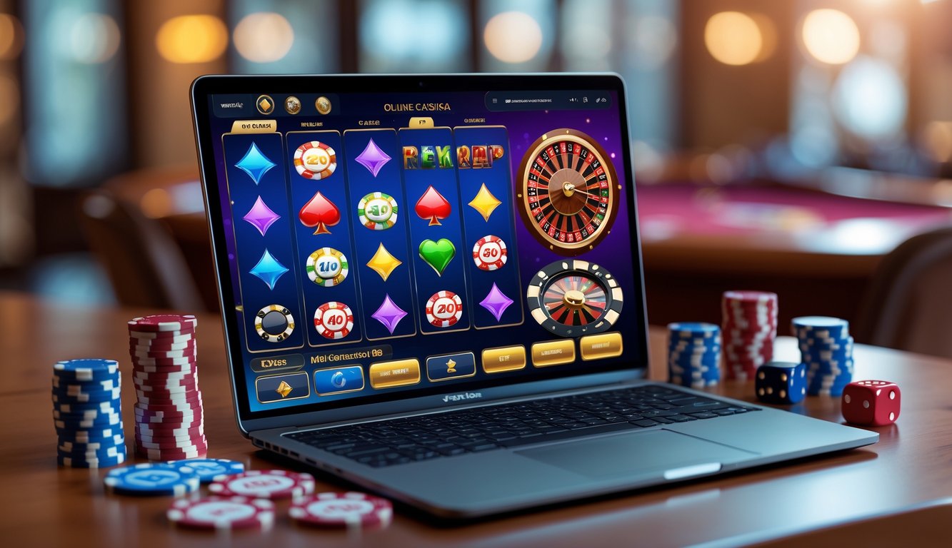 Sebuah laptop menampilkan permainan kasino online dengan tumpukan chip poker dan kartu bermain di atas meja kayu.