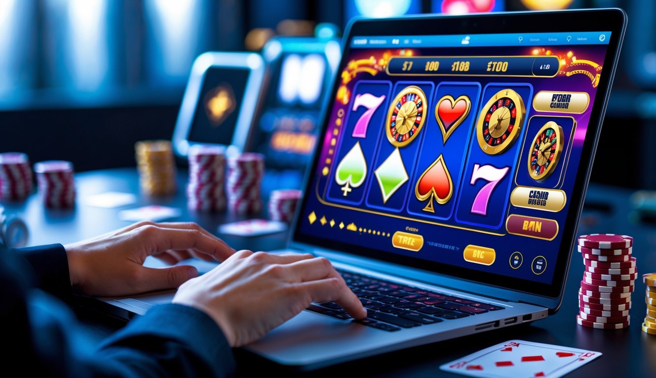 Seseorang sedang menggunakan komputer dengan tampilan permainan kasino online di layar, dengan chip poker dan kartu bermain di meja.