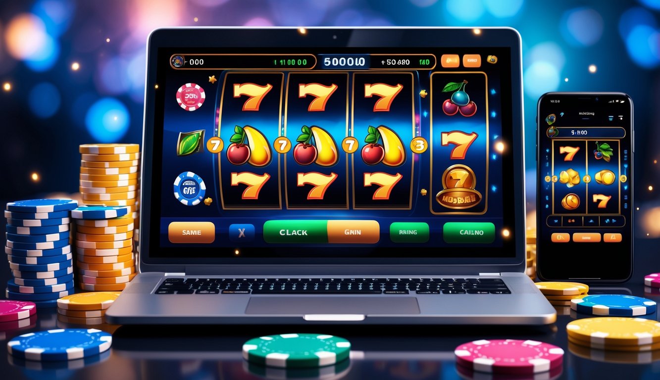 Sebuah laptop menampilkan permainan mesin slot online dengan chip poker dan kartu remi di sekitarnya.