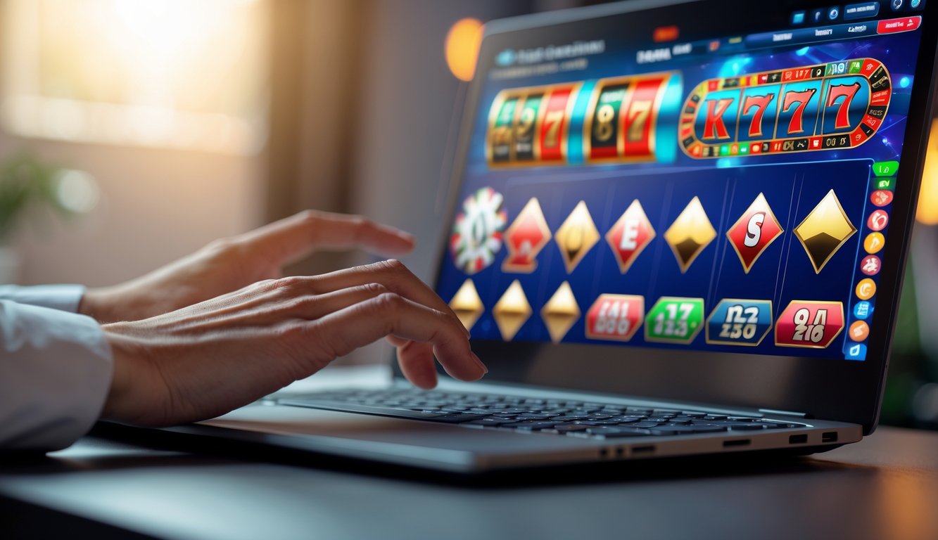 Seseorang menggunakan komputer dengan tampilan permainan kasino online di layar.