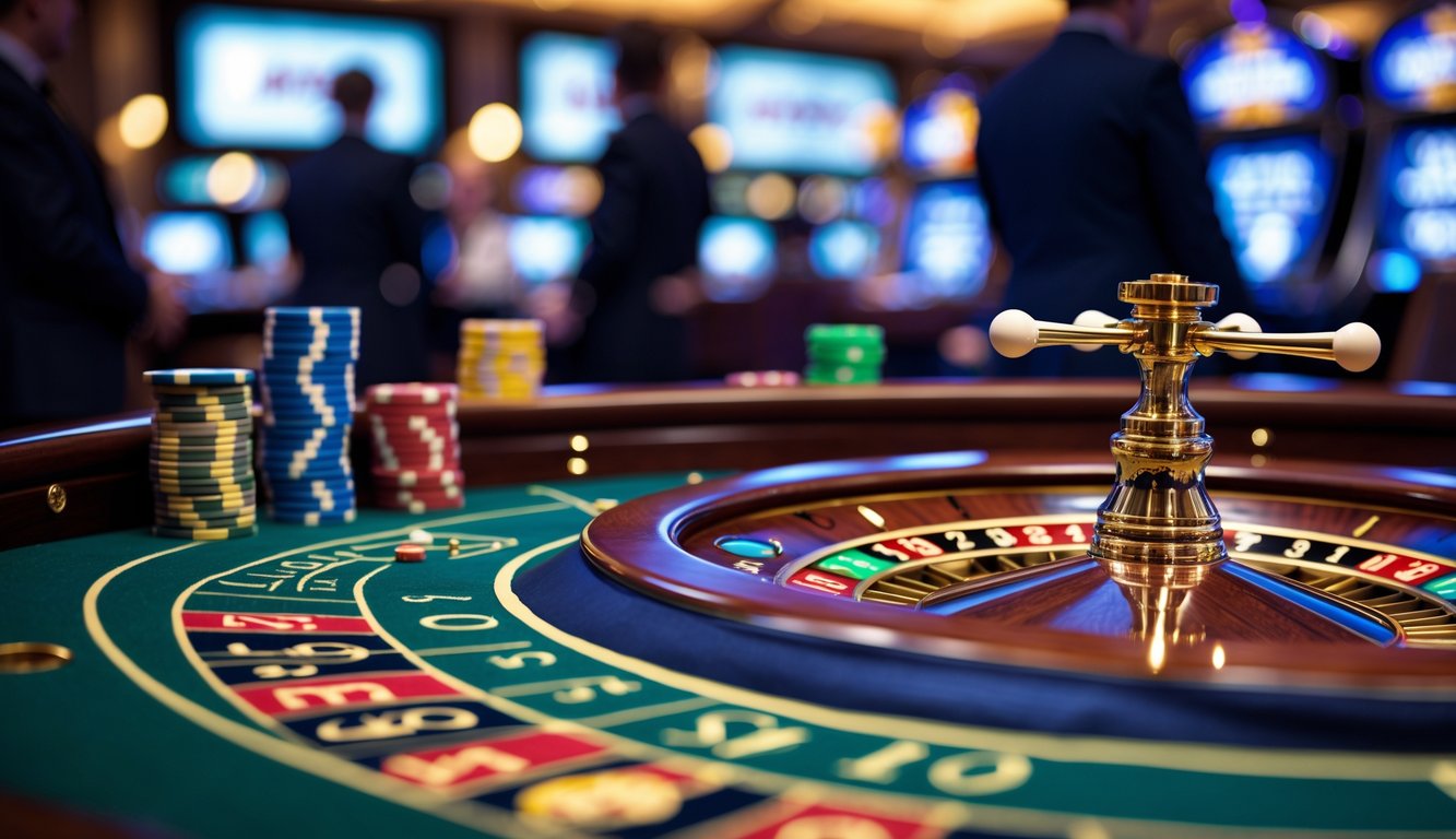 Meja roulette Amerika hidup di kasino dengan roda roulette berputar dan tumpukan chip warna-warni.