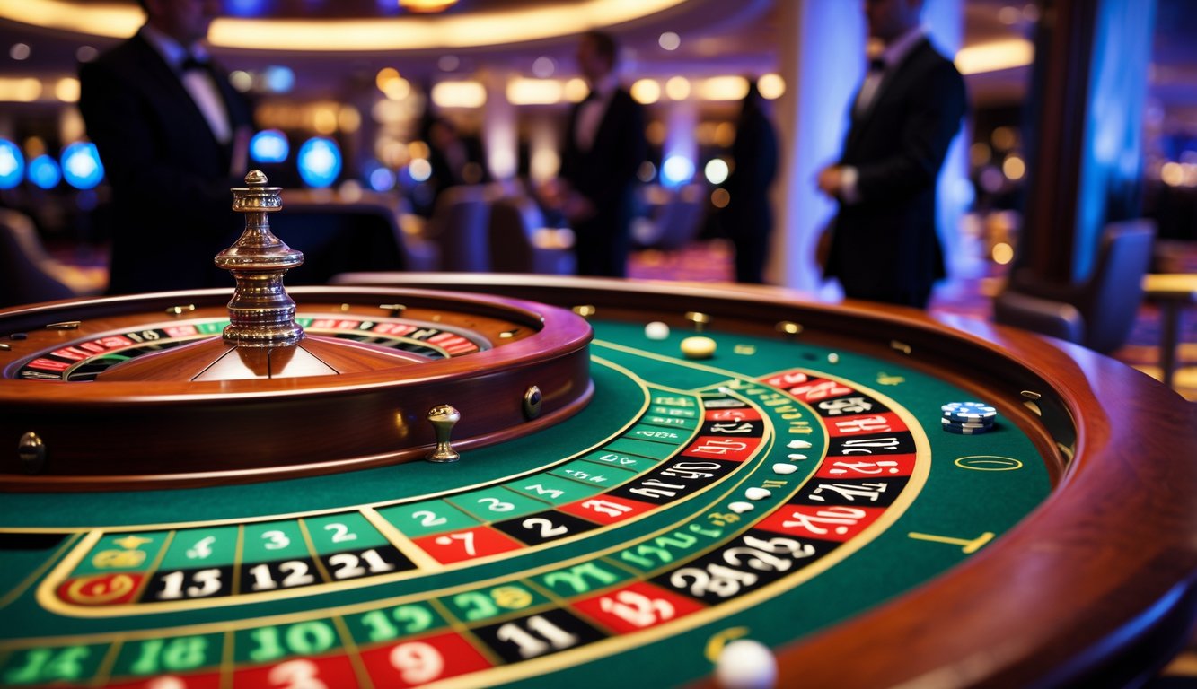 Meja roulette Amerika di kasino langsung dengan roda roulette yang berputar dan chip taruhan di atas meja.