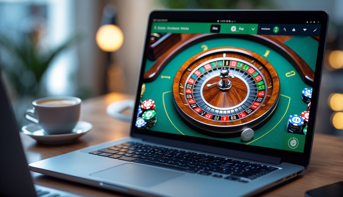 Pemandangan sebuah laptop yang menampilkan permainan roulette Amerika secara online di atas meja kayu dengan suasana ruangan yang nyaman.