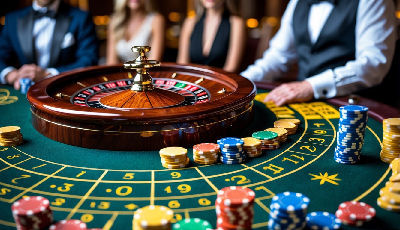 Meja kasino dengan roda roulette Amerika, chip taruhan berwarna-warni, dan dealer serta pemain yang fokus pada permainan.
