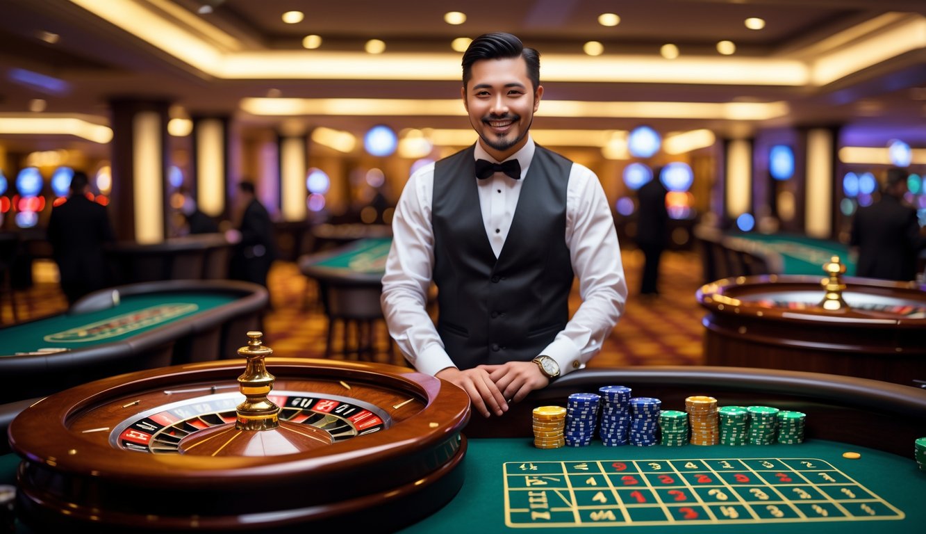 Seorang dealer langsung di meja roulette Amerika dengan roda roulette dan chip taruhan di kasino.