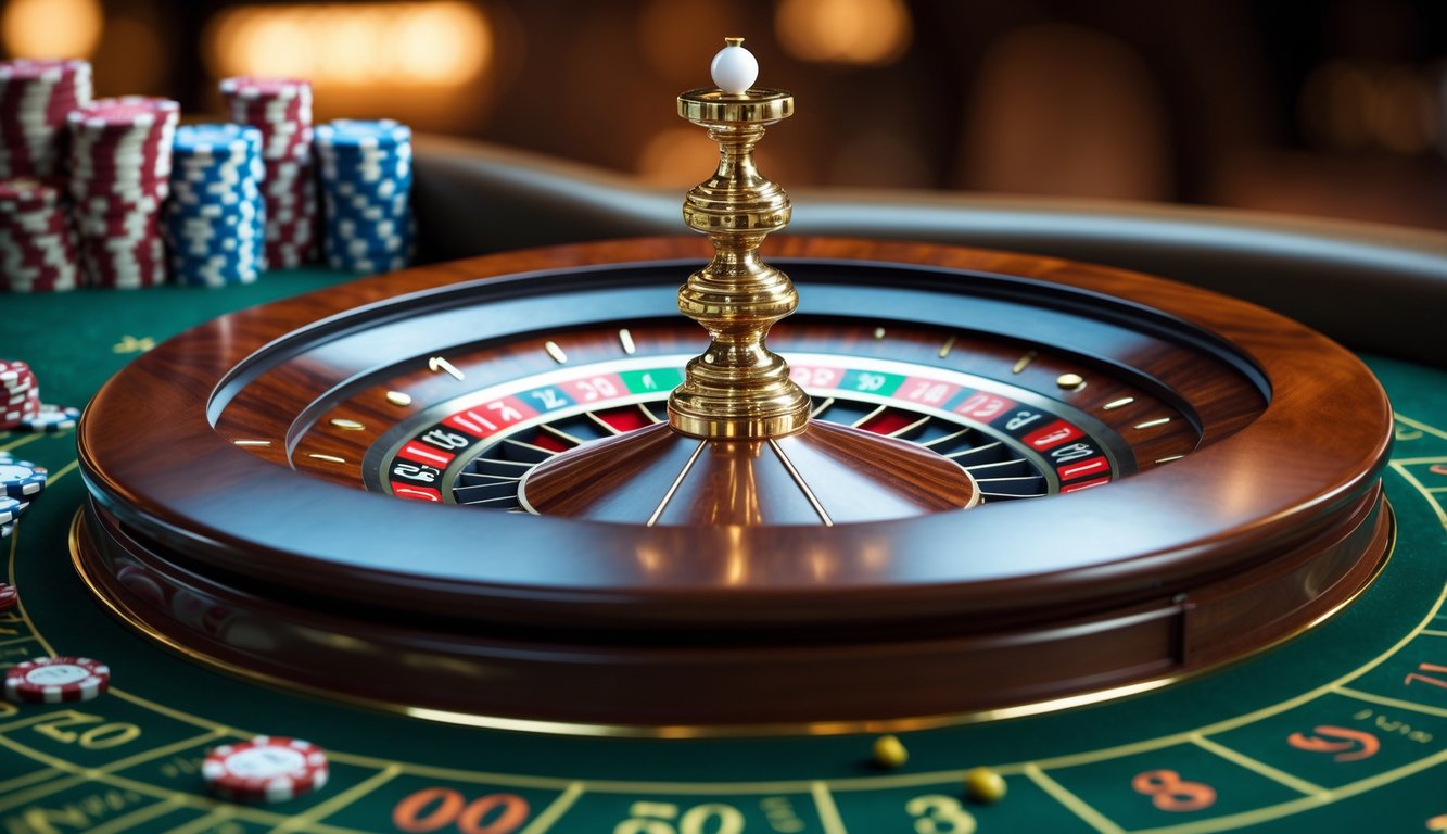 Meja roulette Amerika dengan roda roulette berputar dan chip taruhan di atas meja hijau di dalam kasino.