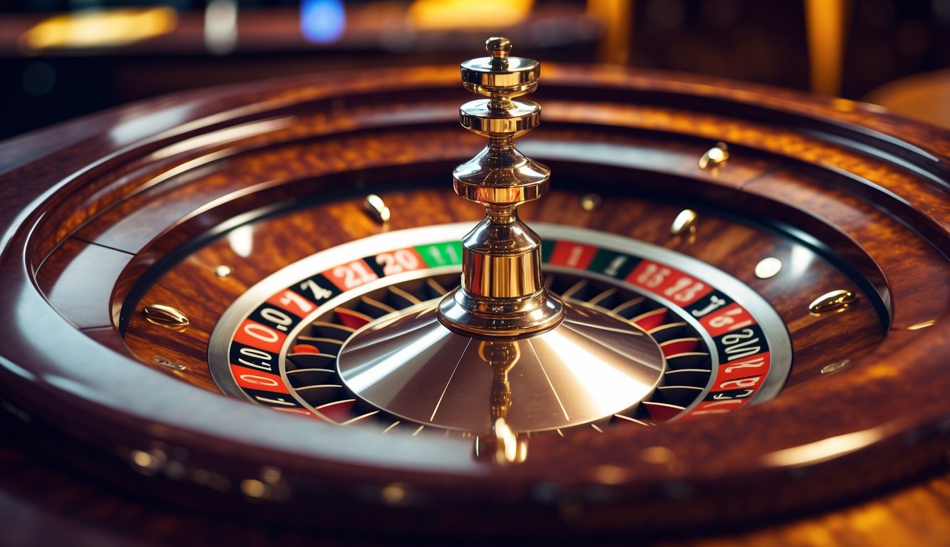 Roda roulette Amerika dengan angka 0 dan 00 dalam suasana kasino.