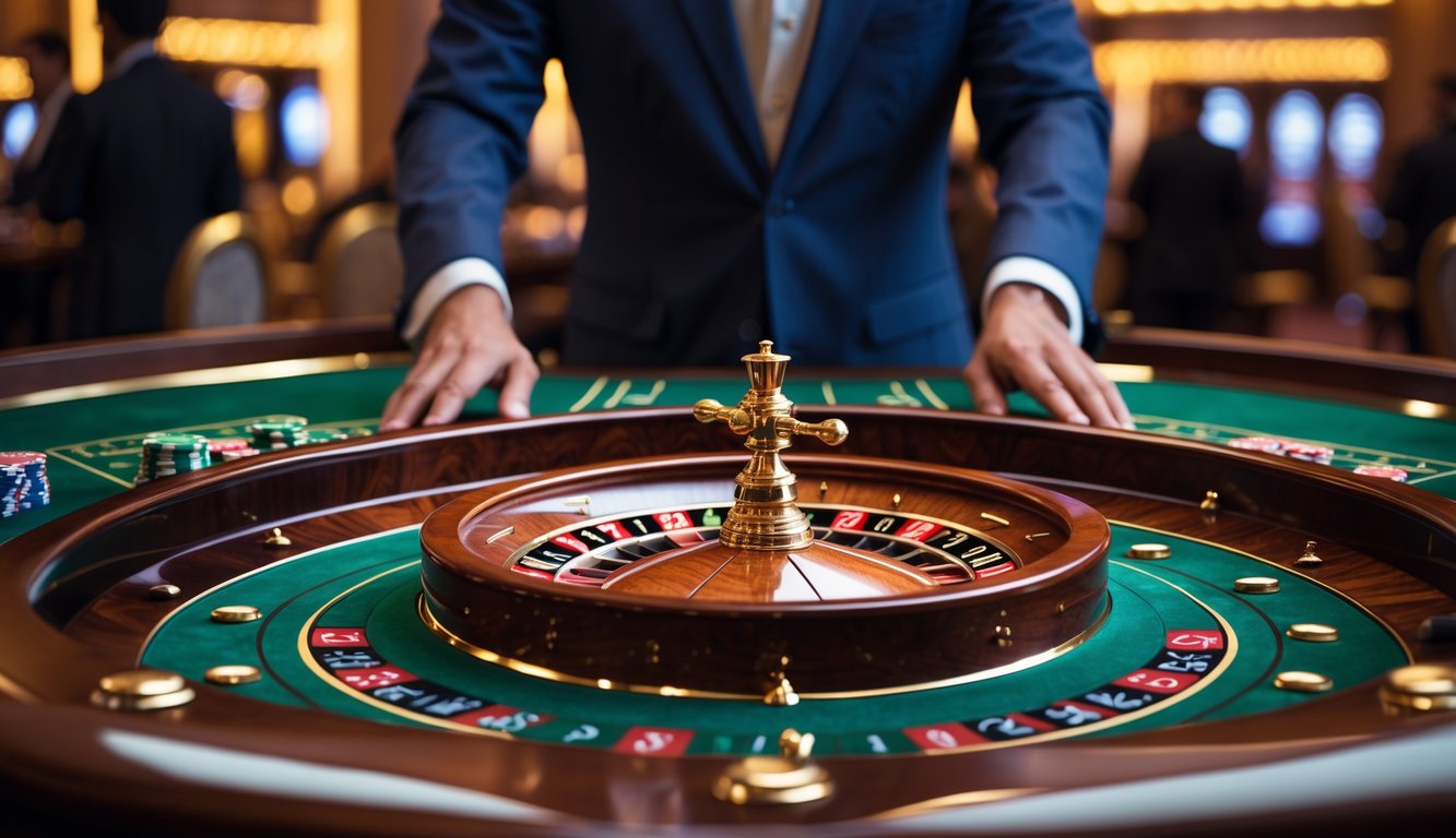 Seorang dealer profesional berdiri di belakang meja roulette Amerika dengan roda roulette dan chip taruhan di kasino mewah.