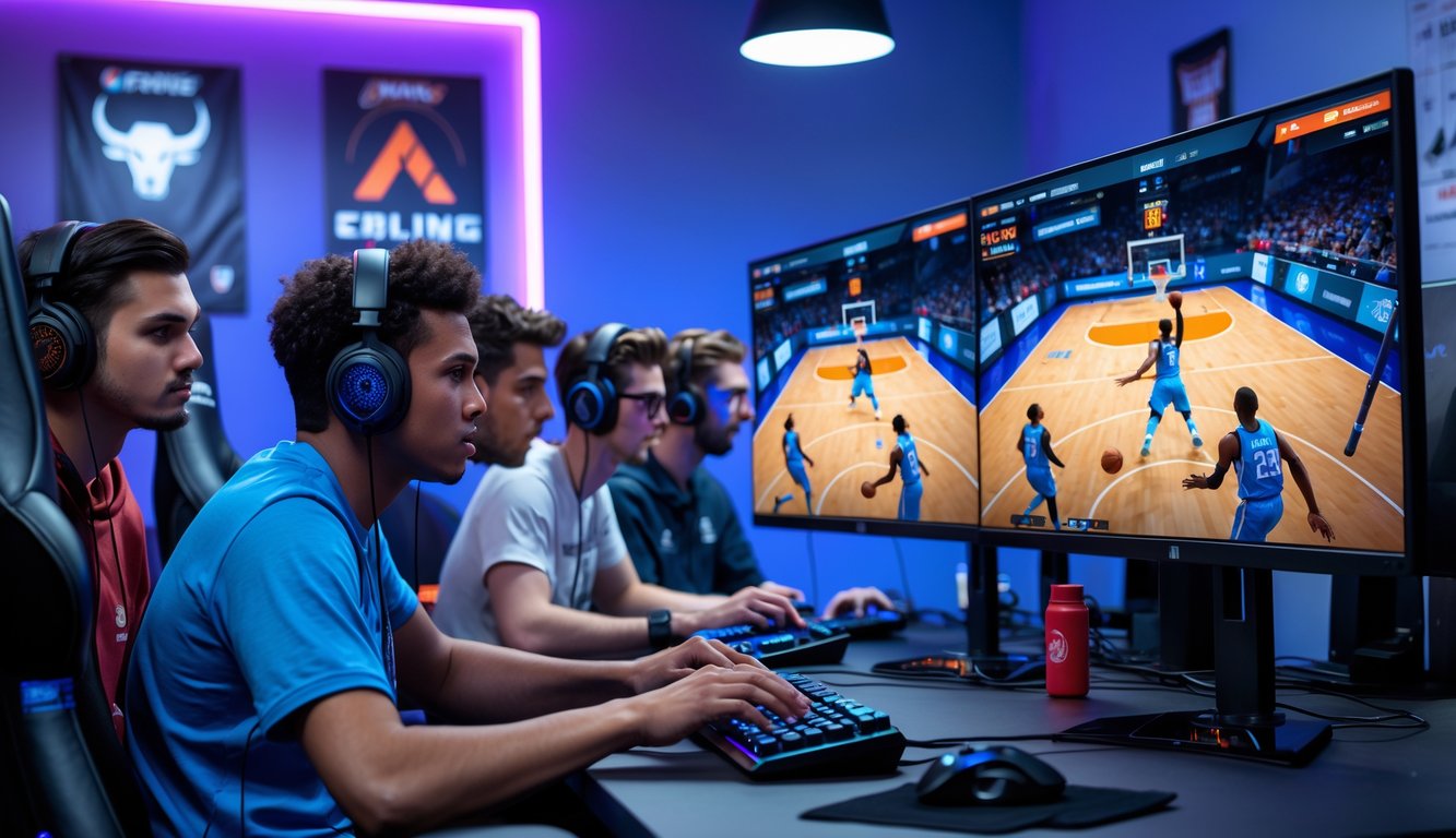 Sekelompok orang muda bermain permainan basket esports secara online di ruang permainan modern dengan monitor dan peralatan gaming.