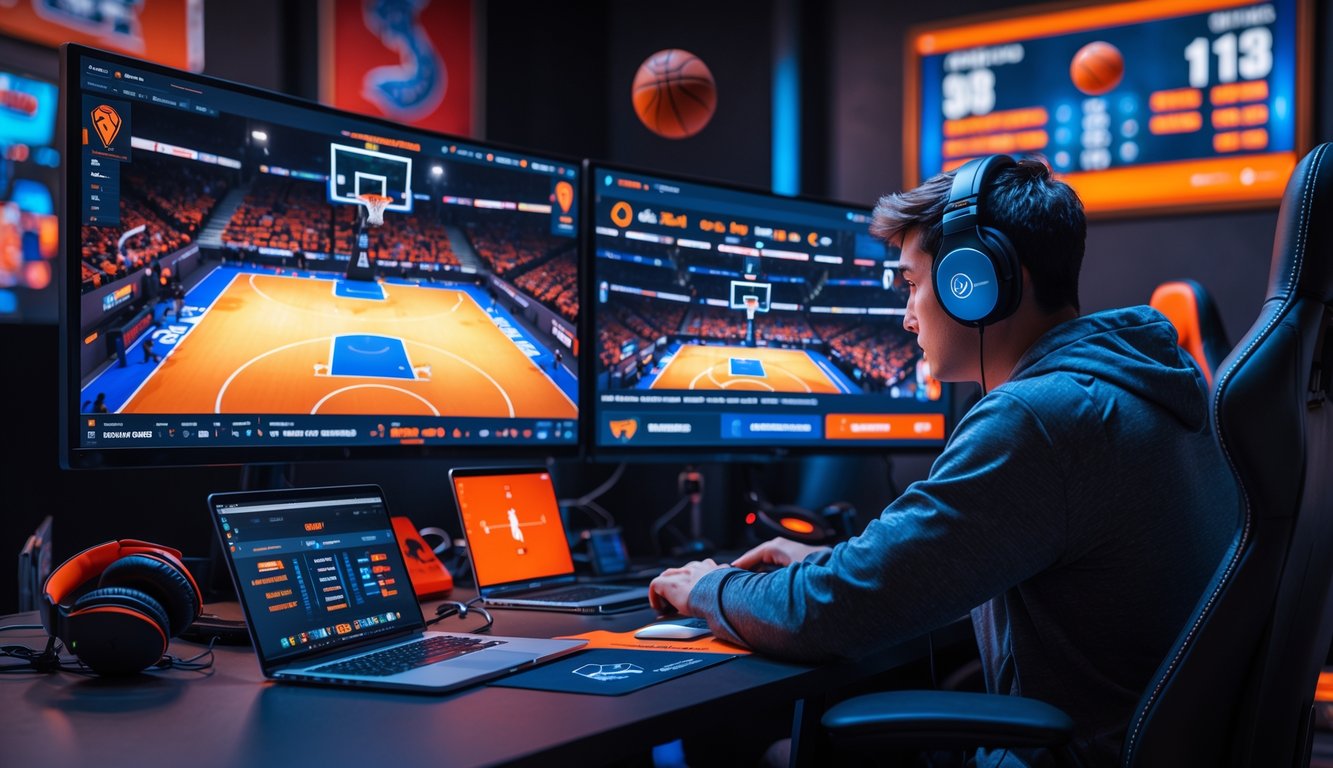 Seorang dewasa muda sedang duduk di depan meja dengan beberapa monitor yang menampilkan pertandingan basket esports, menggunakan laptop dan ponsel untuk memasang taruhan.