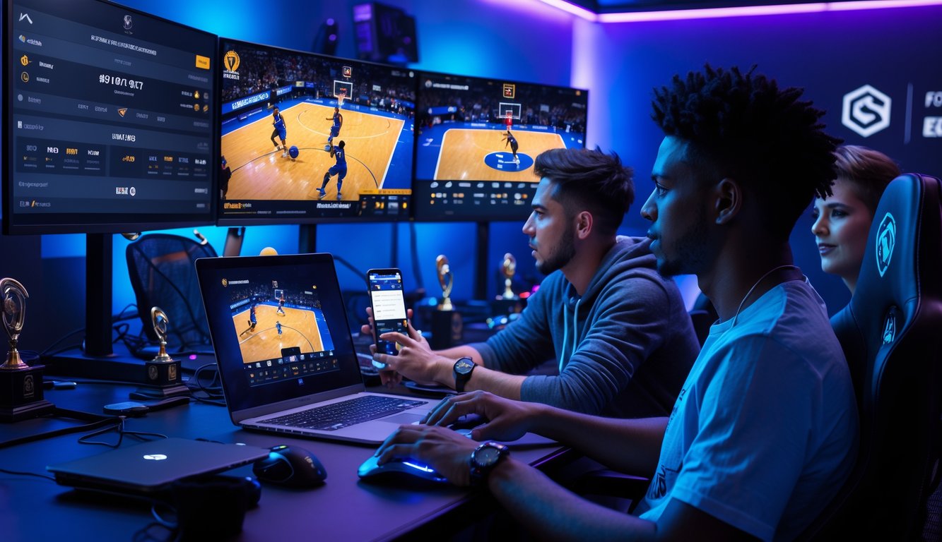 Sekelompok orang muda sedang menonton pertandingan basket esports dan memasang taruhan langsung menggunakan komputer dan ponsel di ruangan dengan pencahayaan biru dan ungu.