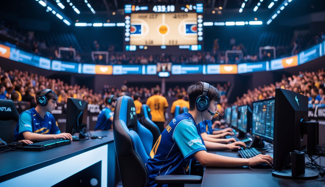 Seorang pemain esports basket sedang fokus bermain dalam turnamen di arena dengan penonton dan layar besar di latar belakang.