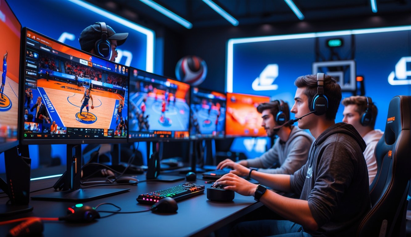 Sekelompok orang muda fokus bermain dan bertaruh pada pertandingan basket esports di ruangan gaming modern.