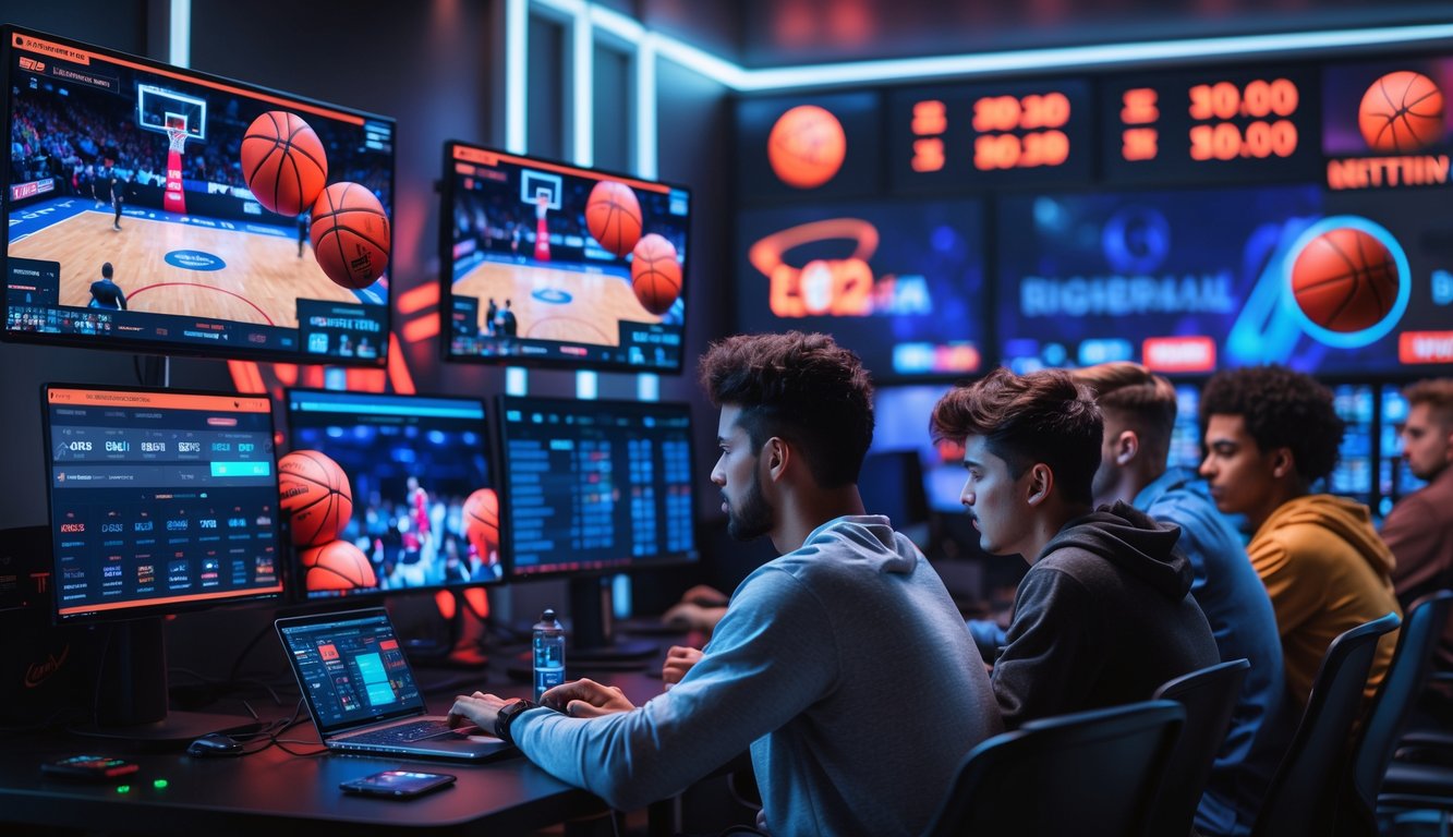 Sekelompok orang muda sedang menggunakan komputer dan ponsel untuk bertaruh pada pertandingan basket esports di ruangan modern.