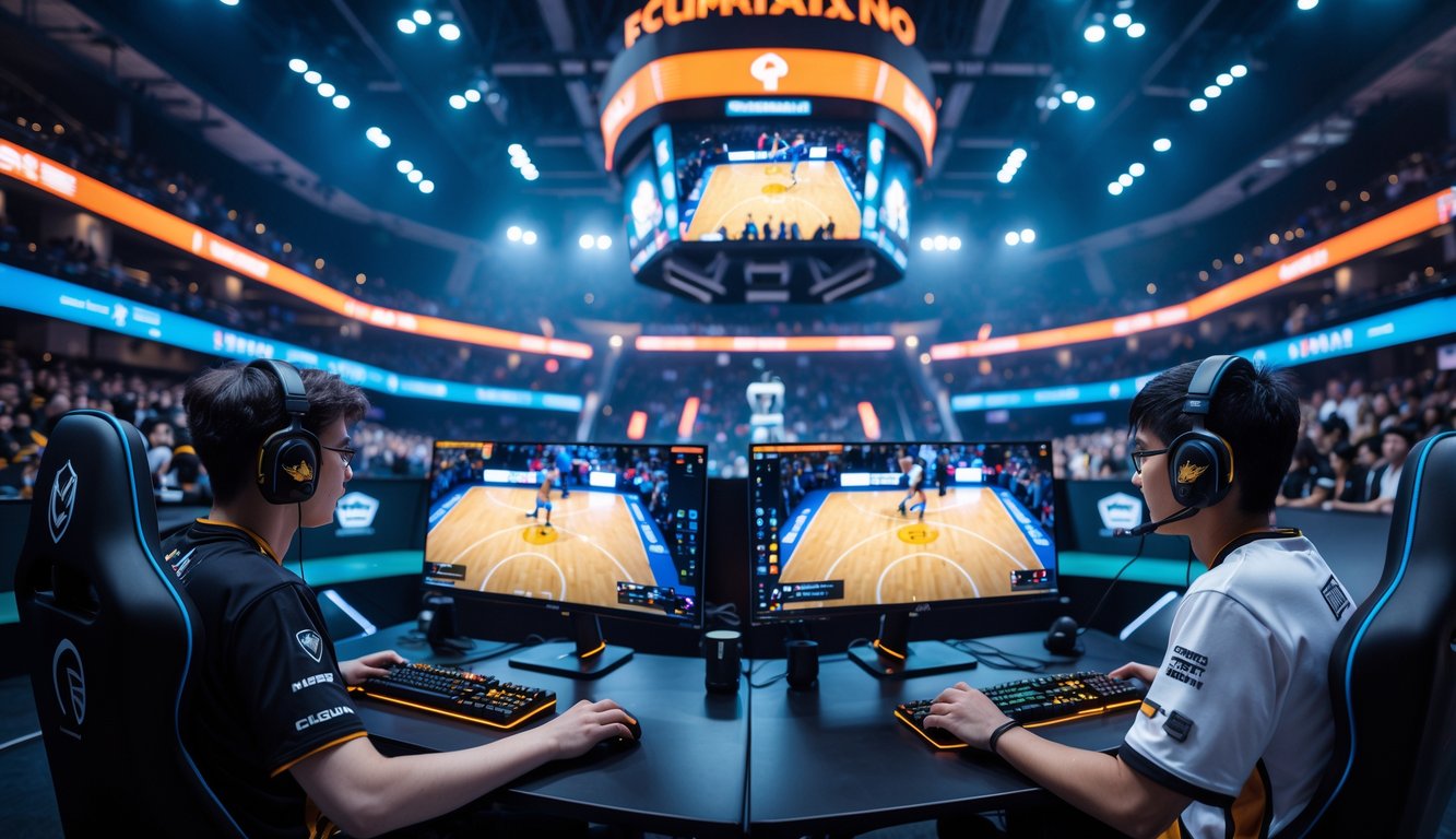 Dua pemain esports sedang bertanding dalam turnamen basket di arena dalam ruangan dengan penonton dan layar besar di latar belakang.