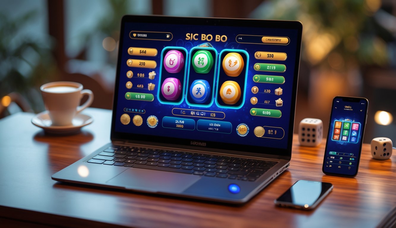 Sebuah laptop di atas meja kayu menampilkan permainan Sic Bo online dengan dadu dan antarmuka taruhan yang terlihat jelas.