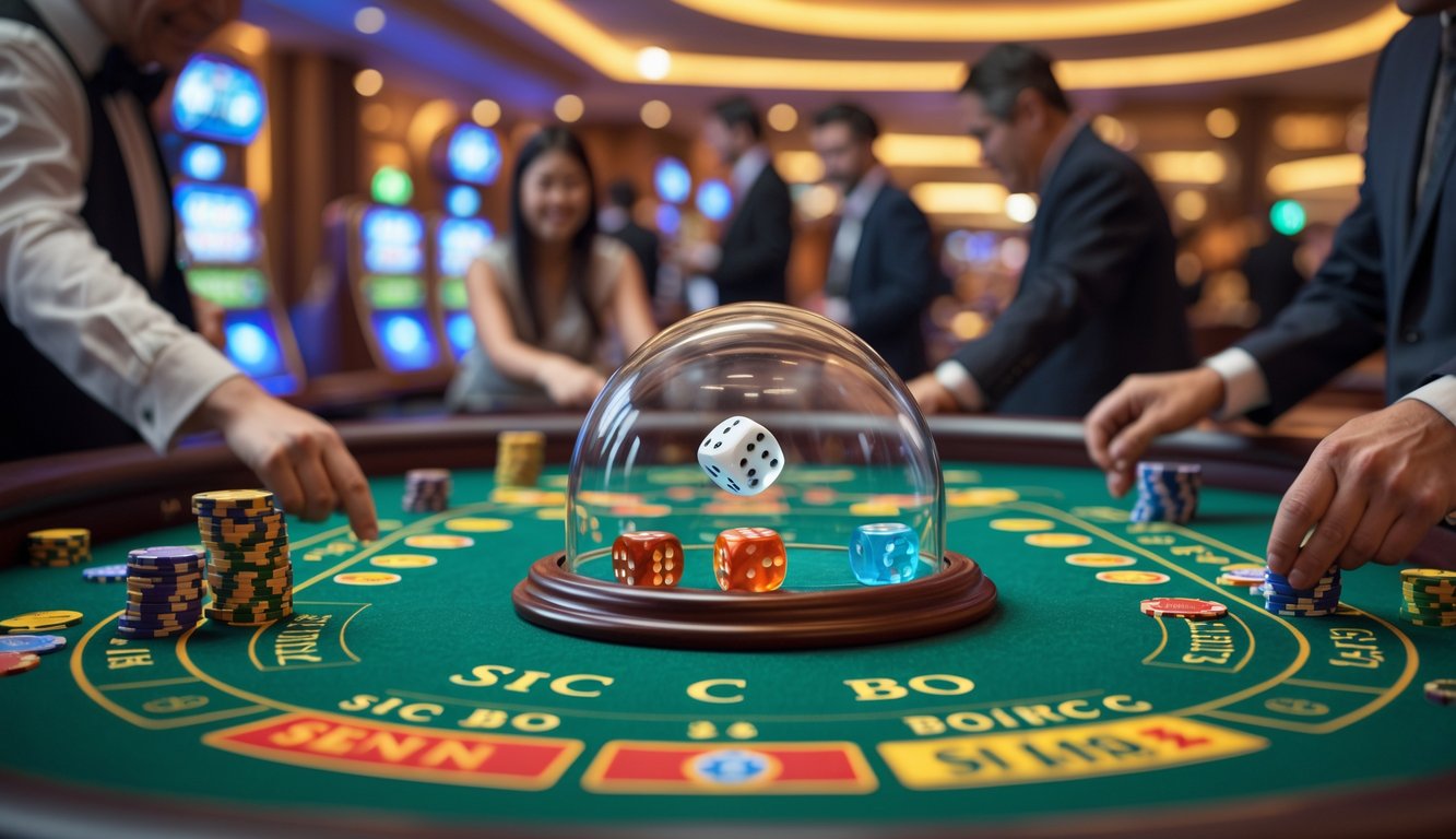 Meja kasino dengan permainan Sic Bo, dadu sedang digulung, dan pemain yang memasang taruhan.
