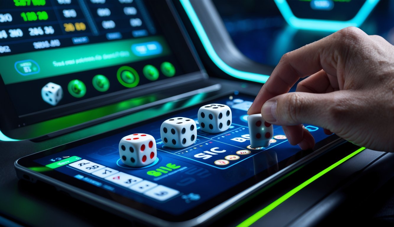 Tampilan permainan Sic Bo online dengan dadu virtual dan tangan yang sedang memasang taruhan pada layar sentuh.