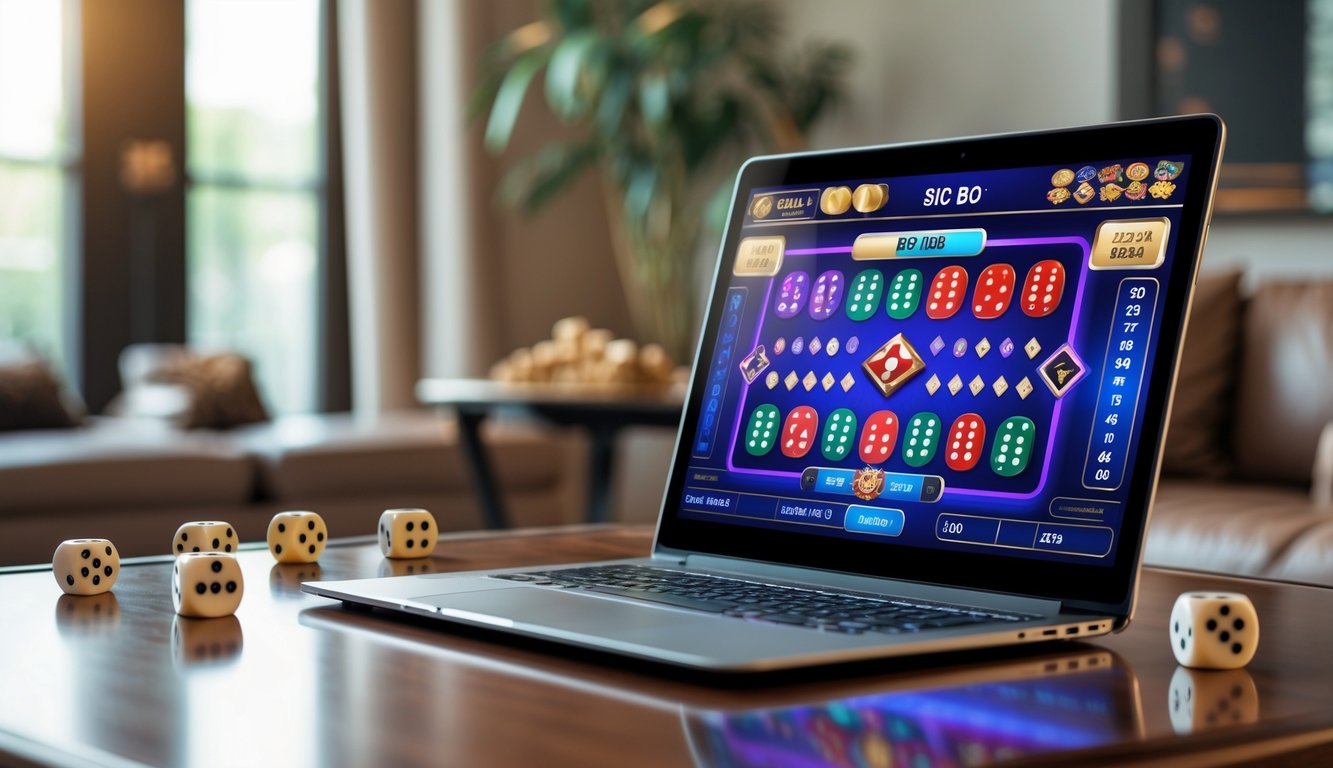 Sebuah laptop modern menampilkan permainan Sic Bo dengan dadu dan opsi taruhan di meja kayu yang rapi di sebuah ruangan yang terang.