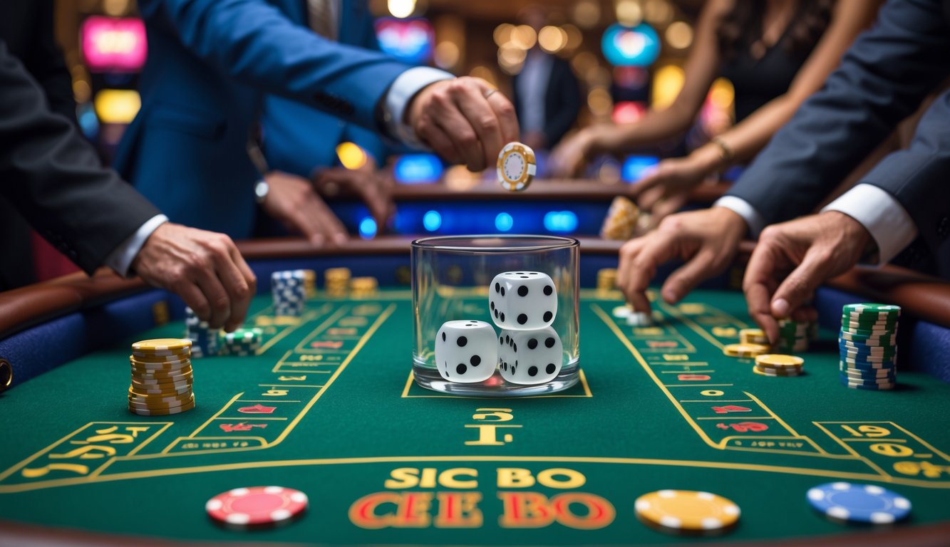 Meja kasino dengan permainan Sic Bo, dadu di dalam wadah transparan, dan tangan pemain yang menaruh chip taruhan.