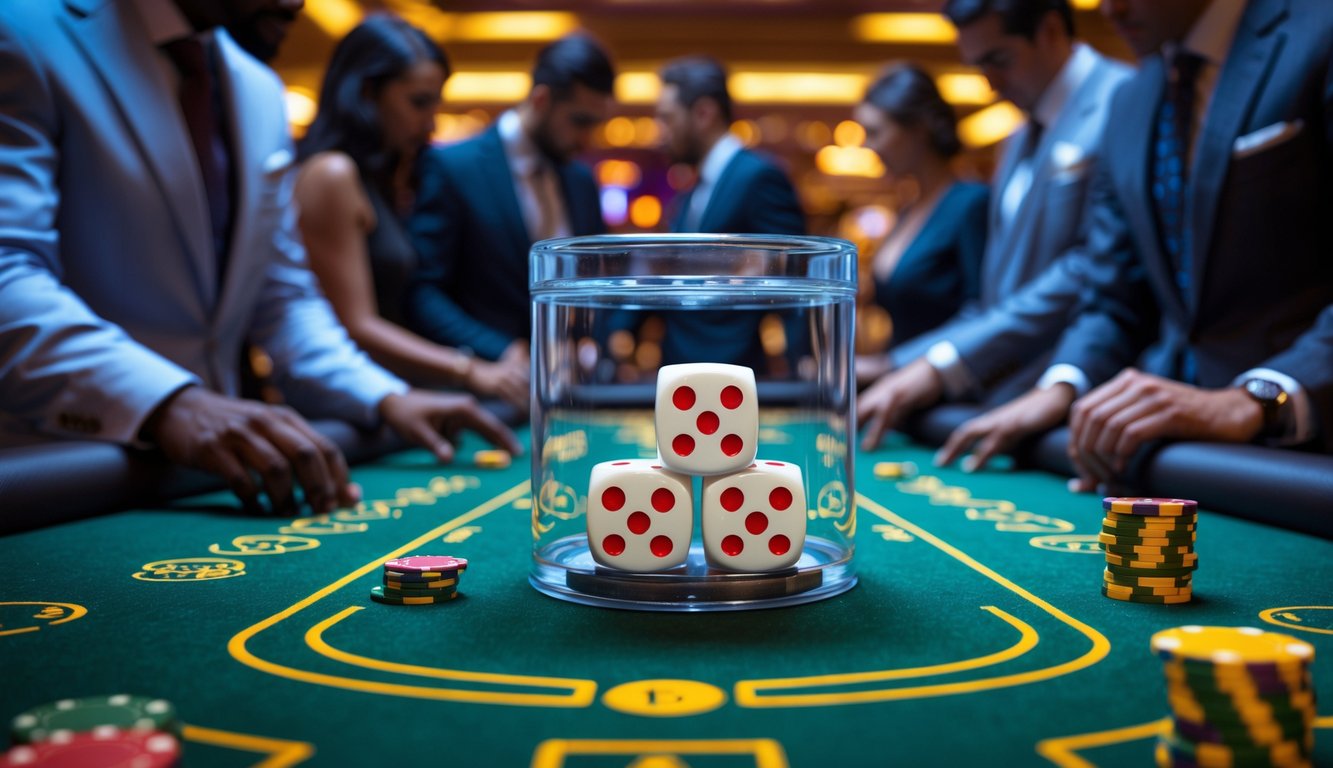 Meja permainan Sic Bo di kasino dengan dadu di dalam alat pengocok dan pemain yang sedang bertaruh.