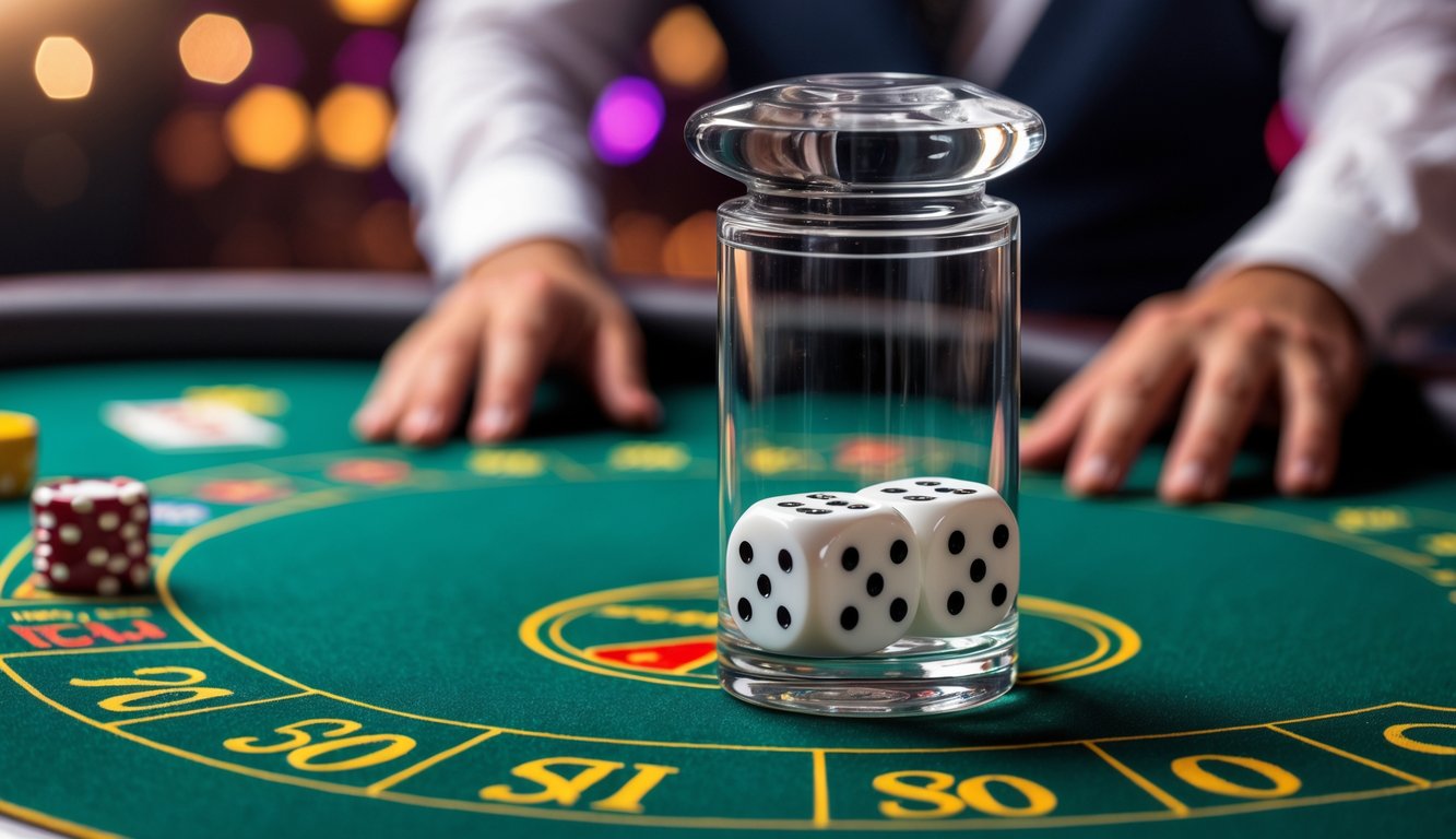 Meja permainan Sic Bo dengan tiga dadu di dalam alat pengocok transparan dan tangan dealer di atas meja hijau.
