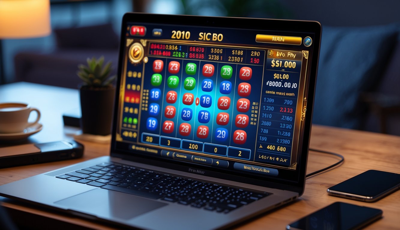 Suasana permainan Sic Bo online dengan layar komputer menampilkan dadu berwarna dan meter jackpot digital, di atas meja dengan pencahayaan hangat.