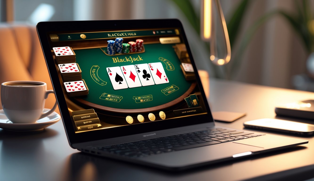 Seorang pemain menggunakan laptop untuk bermain blackjack online dengan kartu dan chip terlihat di layar.