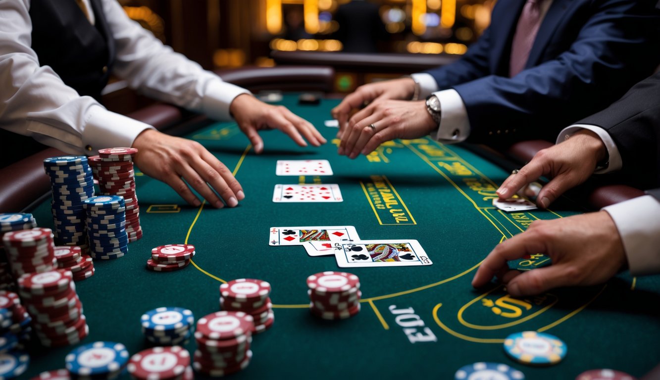 Meja blackjack di kasino dengan kartu dan chip poker, tangan dealer dan pemain sedang bermain.