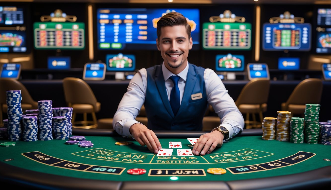 Seorang dealer blackjack profesional sedang membagikan kartu di meja hijau dengan tumpukan chip dan layar digital di latar belakang.