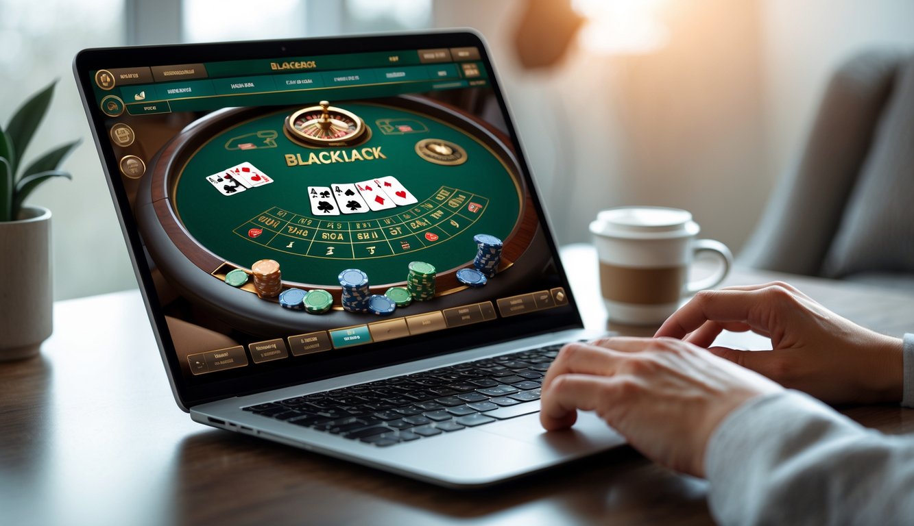 Seseorang sedang bermain blackjack online di laptop dengan meja blackjack digital di layar.