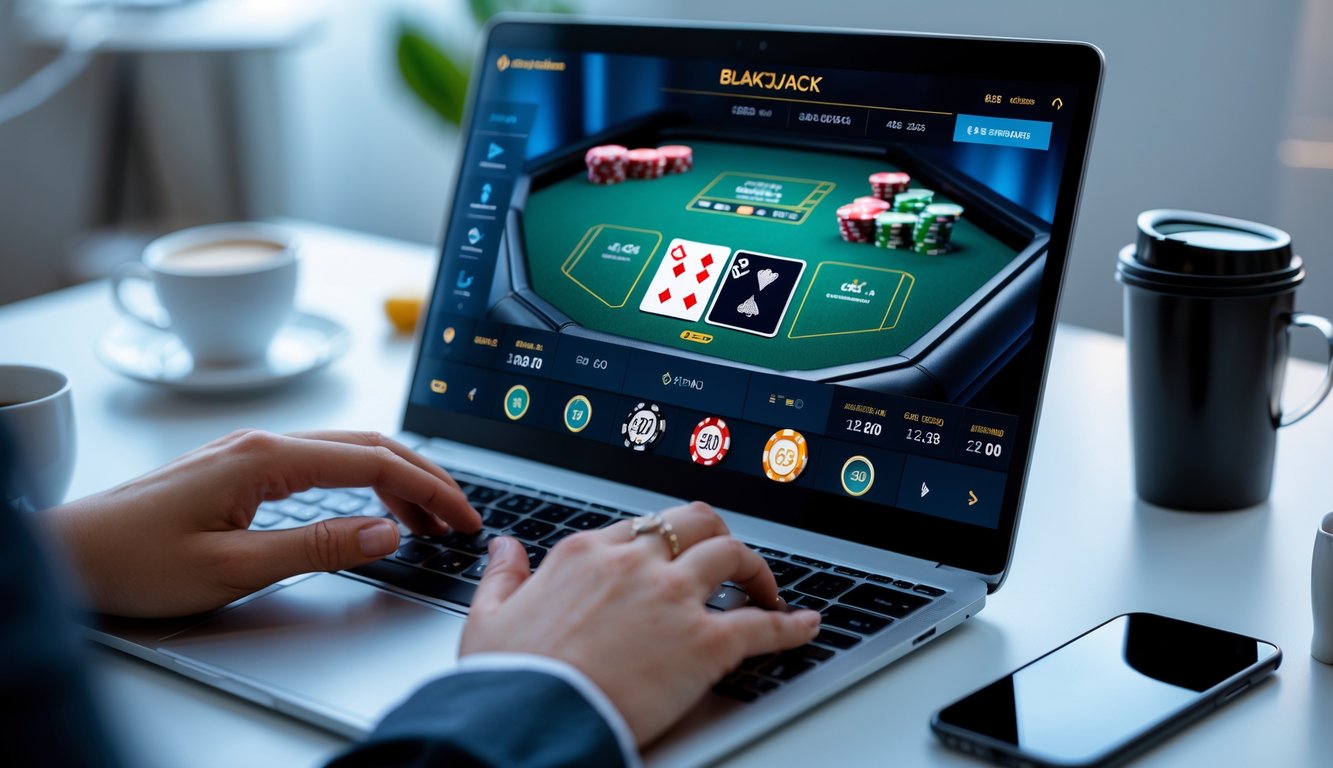 Seorang pemain menggunakan laptop untuk bermain permainan blackjack online dengan kartu dan chip terlihat di layar.