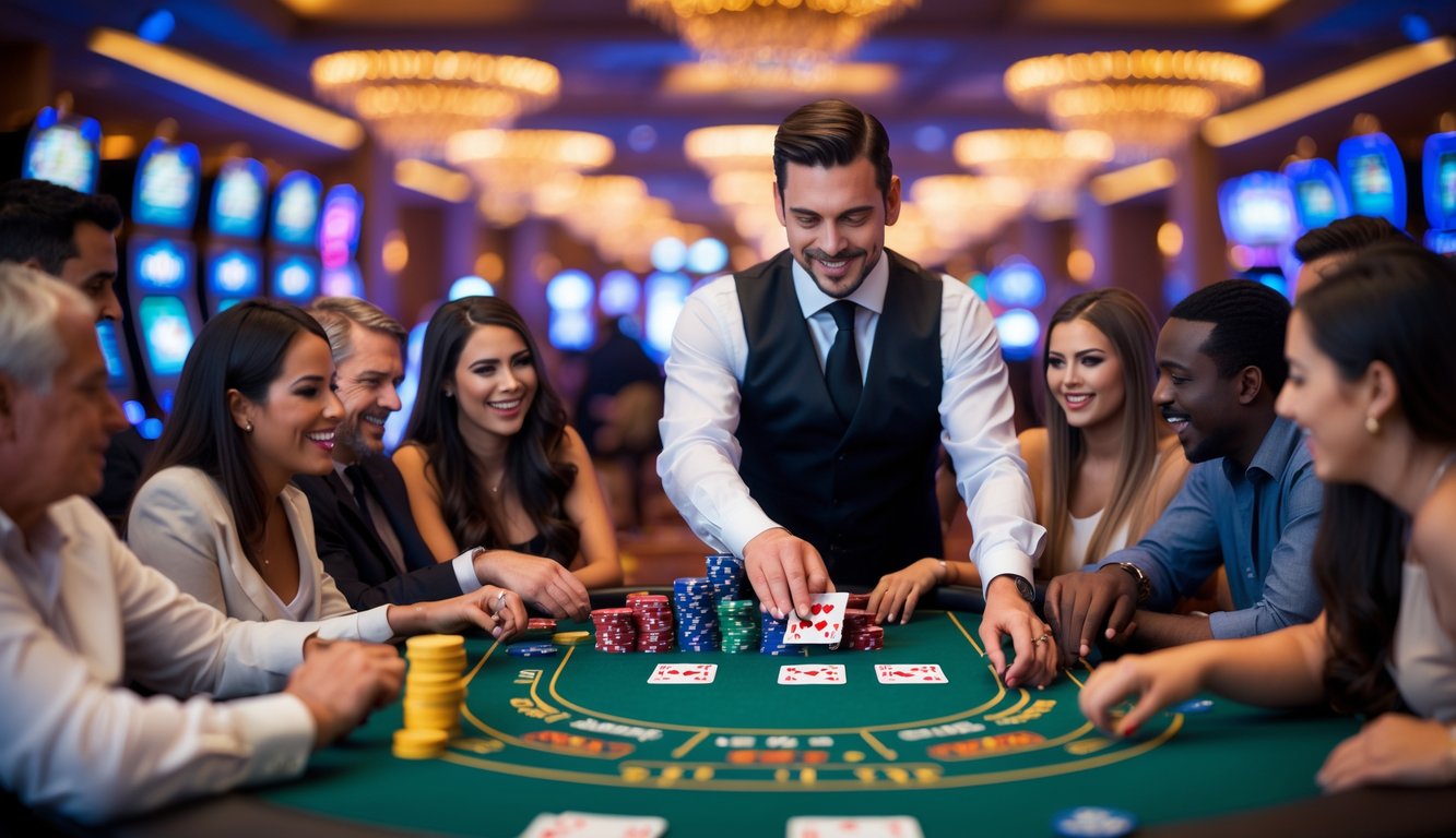 Meja blackjack di kasino dengan dealer dan pemain yang sedang bermain kartu.