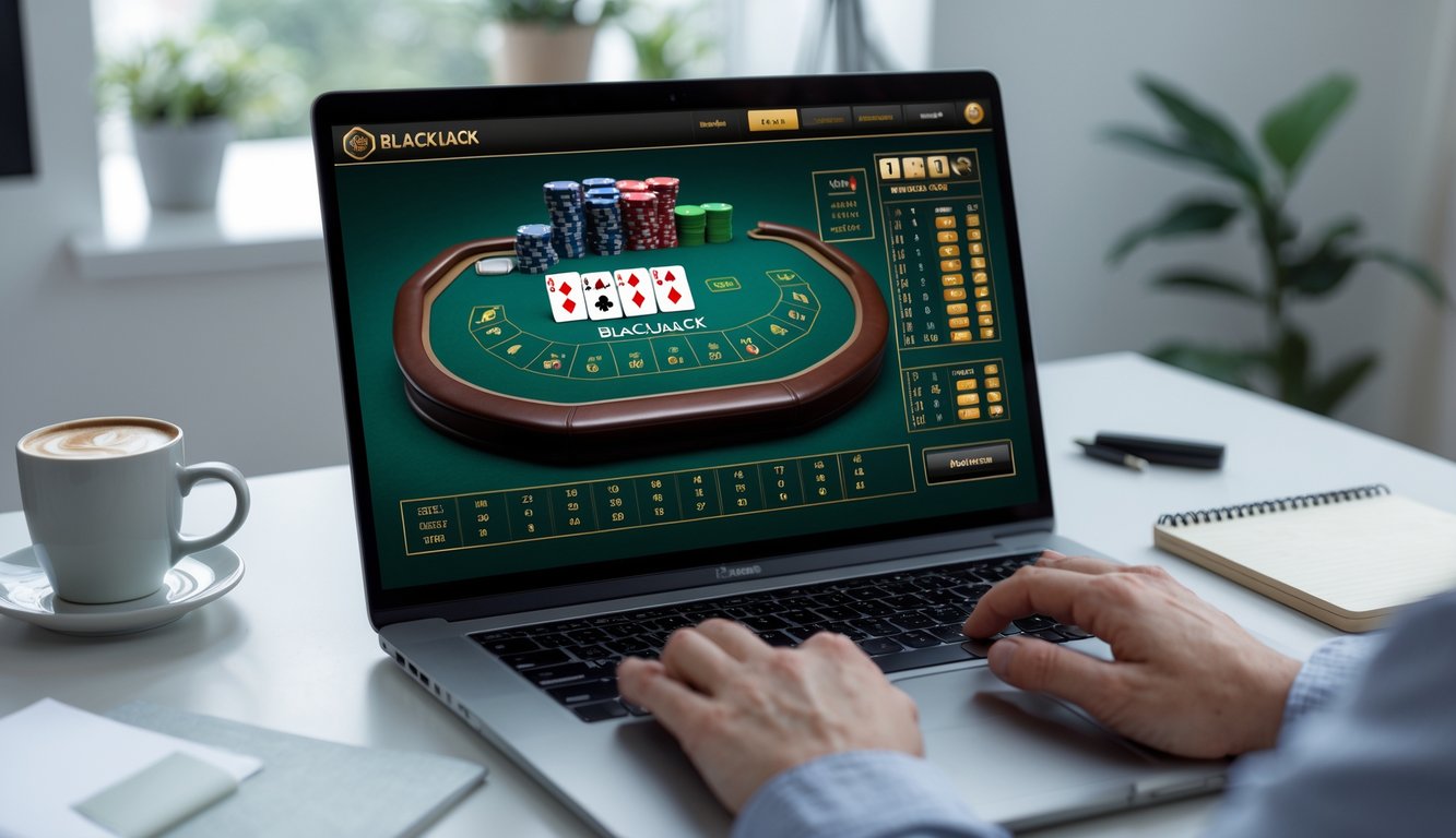 Seorang laptop menampilkan permainan blackjack online dengan kartu dan chip di meja digital, di atas meja kerja yang rapi dengan secangkir kopi dan buku catatan di sampingnya.