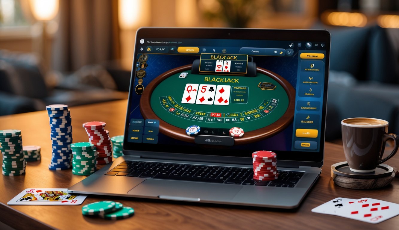 Seorang pria bermain blackjack online di laptop dengan tumpukan chip dan kartu di meja kayu modern.