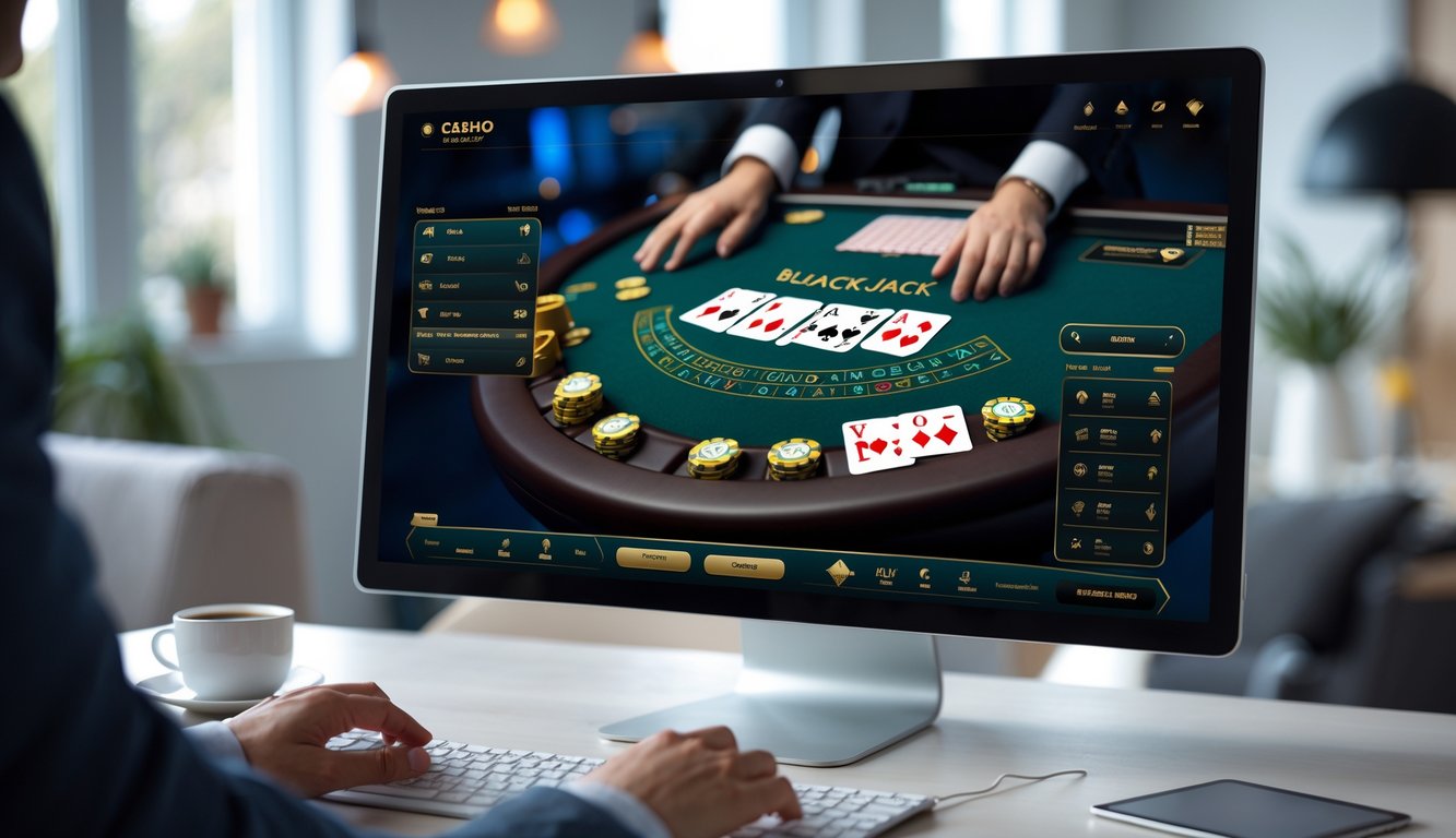 Seseorang bermain blackjack online di komputer dengan tampilan meja kartu dan chip di layar.