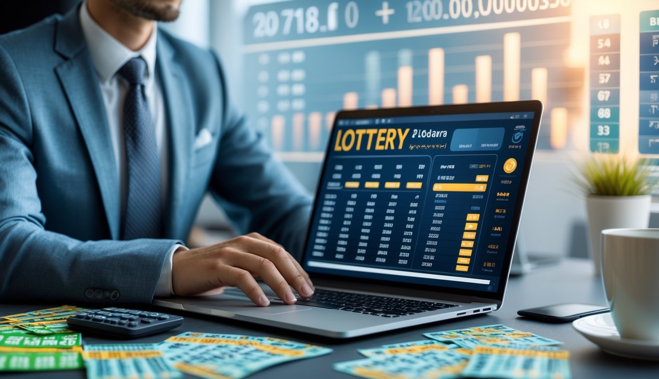Seorang profesional sedang bekerja di depan laptop dengan tiket lotre dan kalkulator di meja, menunjukkan suasana taruhan togel 2D yang terpercaya.