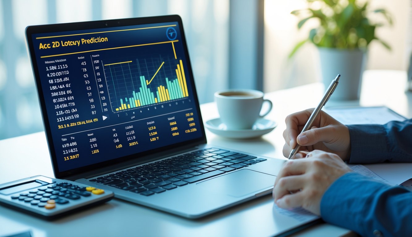 Seorang profesional sedang menganalisis data angka di meja kerja modern dengan laptop, kalkulator, dan secangkir kopi.