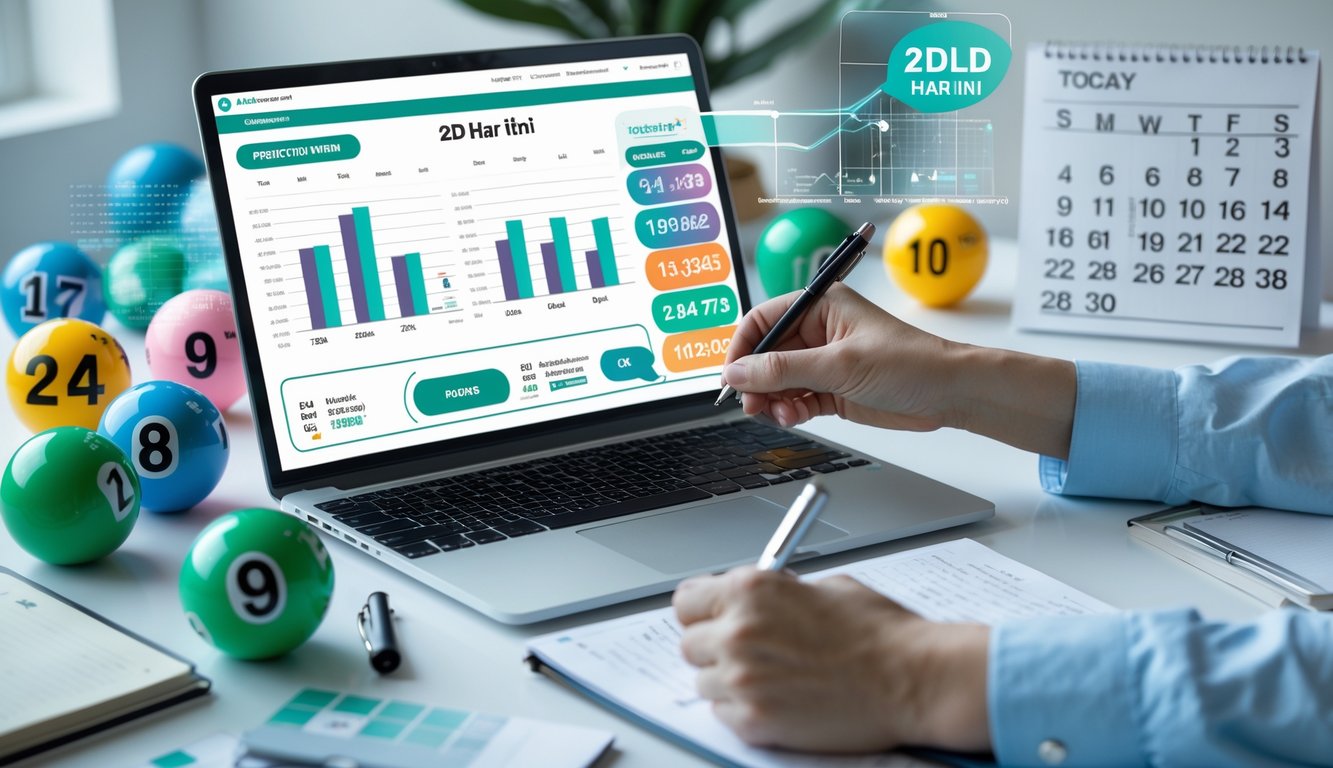 Seorang pria sedang menganalisis data angka togel di meja kerja dengan laptop dan buku catatan, dikelilingi bola togel dan kalender hari ini.