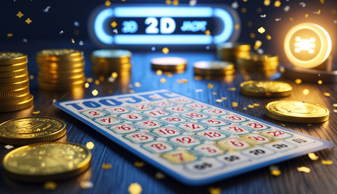 Tampilan dekat tiket lotere dengan angka 2D di atas meja kayu, dikelilingi koin emas dan cahaya jackpot yang bersinar.