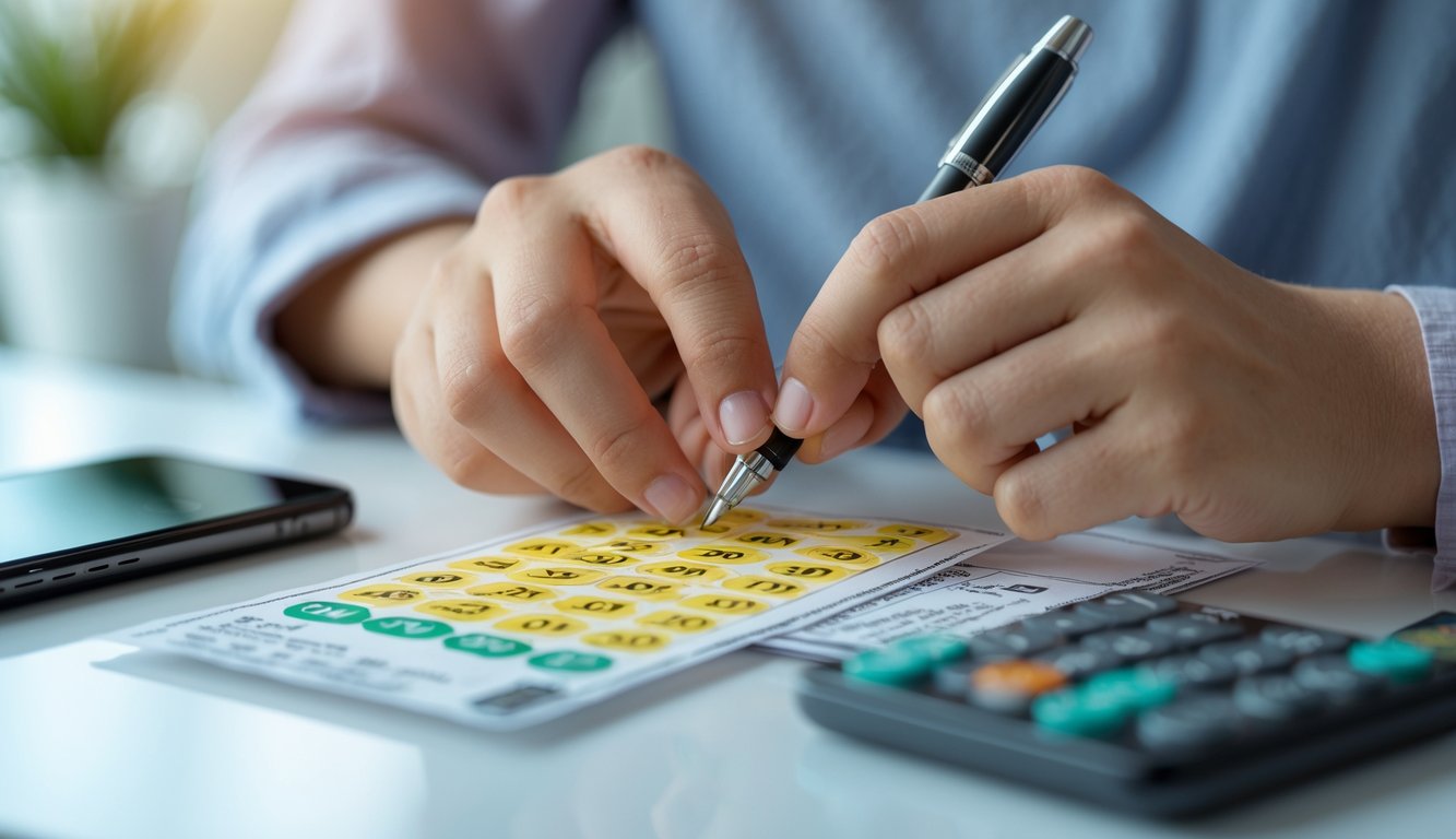 Tangan seseorang sedang memilih angka pada tiket togel 2D di atas meja dengan alat tulis dan ponsel di dekatnya.