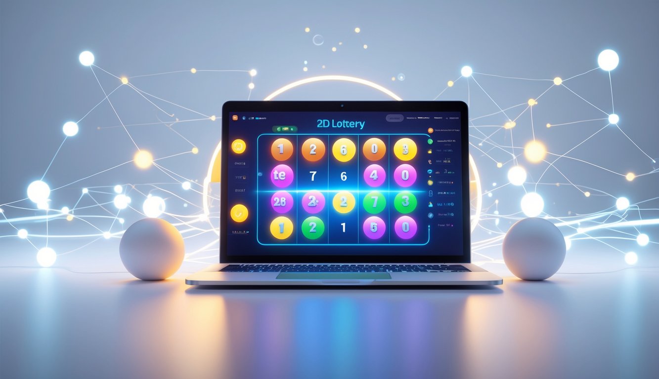 Sebuah komputer dengan layar menampilkan antarmuka permainan lotere online 2D dengan latar belakang digital yang modern dan bersih.